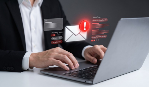 Person using a laptop with an overlaid email icon, red warning symbol and phishing threat alerts.