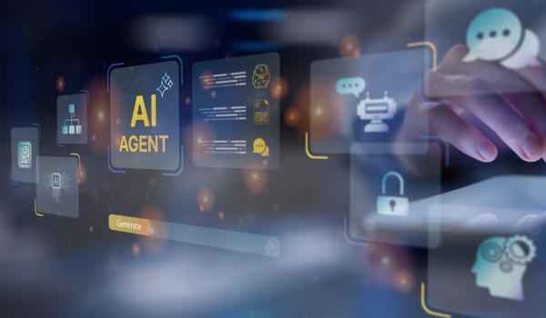 **Alt Text:**  A hand interacting with a glowing digital interface displaying AI agent icons, chat bubbles, security locks, and automation software graphics.