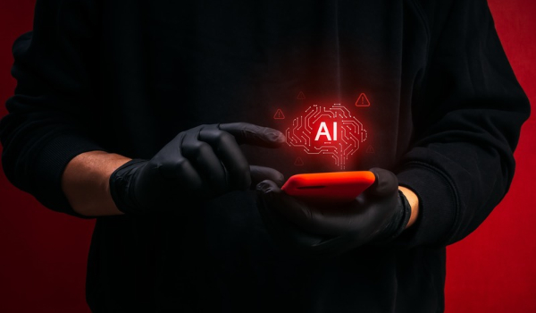 A person wearing black gloves holding a smartphone with a glowing red AI brain icon and warning symbols floating above it. 