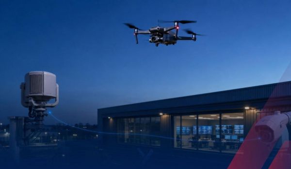 Drone flying at night above a security building with sensors.