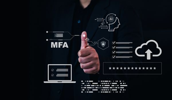 Person holding up thumb with MFA graphic overlay