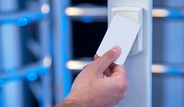 Person scanning keycard