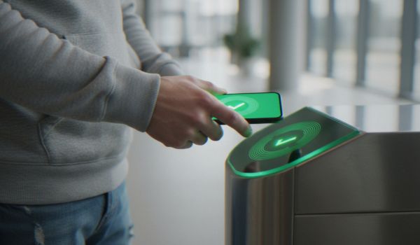 A person using a smartphone with NFC technology
