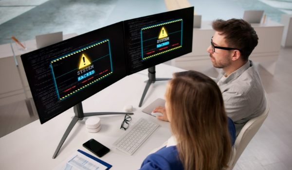 Two people sitting at a desk looking at dual computer monitors displaying "SYSTEM HACKED" warning alerts.
