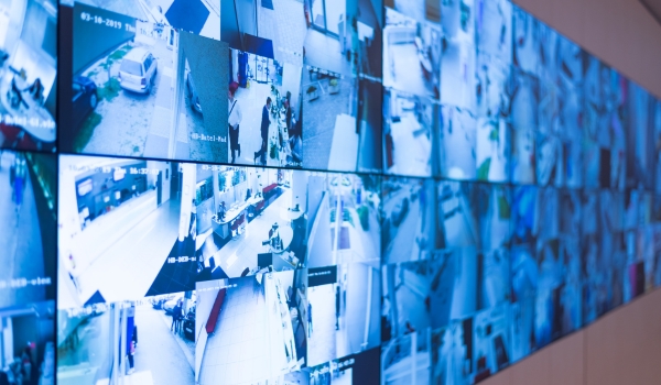 Large Video Wall Displaying Multiple CCTV Security Camera Feeds