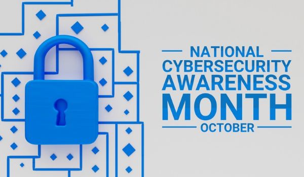 Blue padlock with the text "National Cybersecurity Awareness Month - October" written next to it.