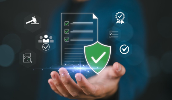 A hand holding a glowing digital display of a checklist document, a green checkmark shield, and compliance icons representing law, verification, and quality assurance.