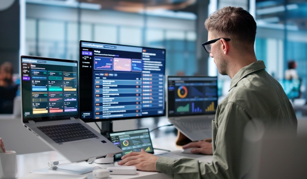 A professional working at a desk with multiple computer screens displaying data dashboards.