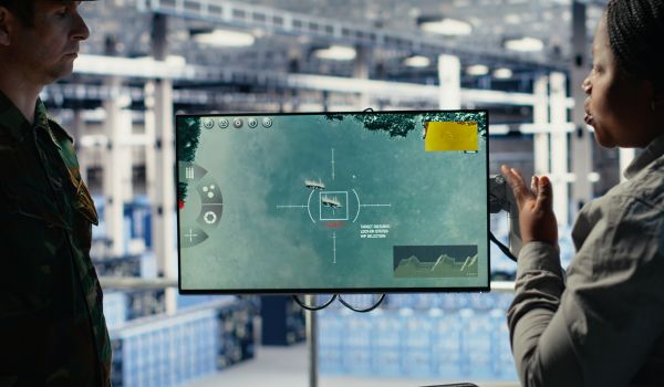 Two professionals looking at screen