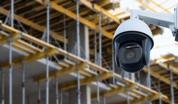 security CCTV camera or surveillance system with construction site on blurry background