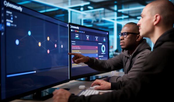 Two professionals looking at software on desktop