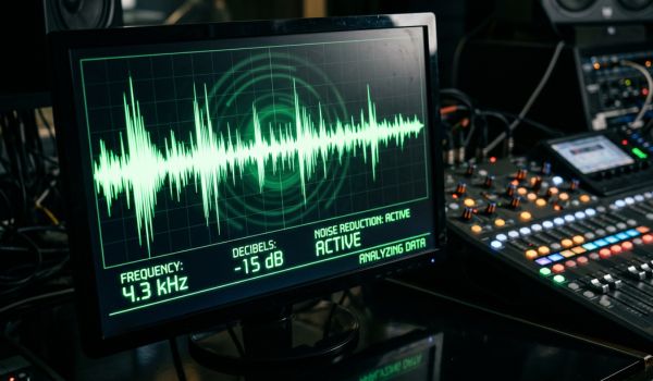 Audio waveform on monitor with soundboard in background