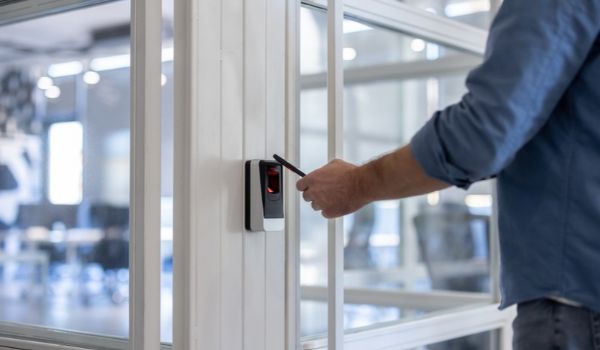 Employee scans his access badge.