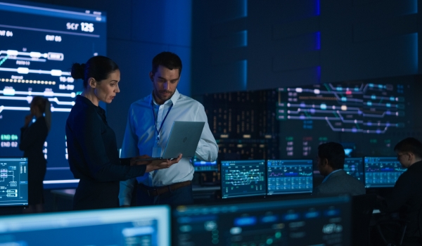 Two cybersecurity professionals standing together and examining a laptop screen in a dimly lit, high-tech control room with large monitoring displays in the background.