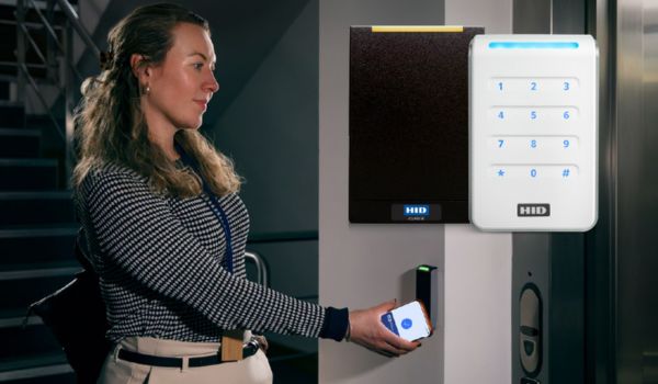 Woman scanning into building