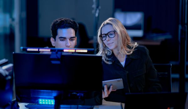 Two professionals working on desktop