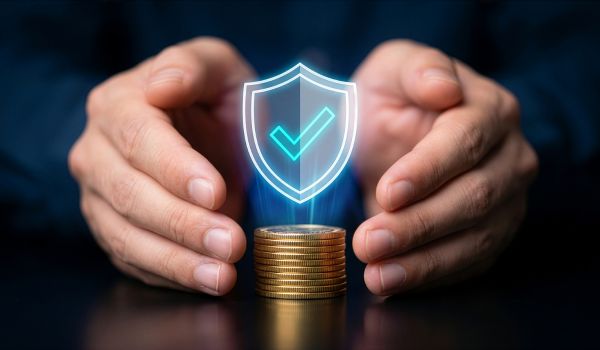 Hands protecting stack of coins with glowing shield and checkmark graphic