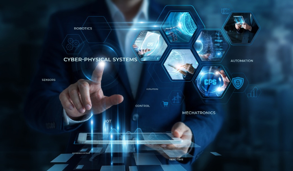 A professional in a suit interacting with a digital interface overlay labeled "Cyber-Physical Systems" with hexagonal icons for automation, robotics, and IoT.