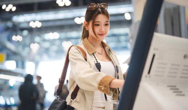 Traveler uses a self-service kiosk in a busy terminal.