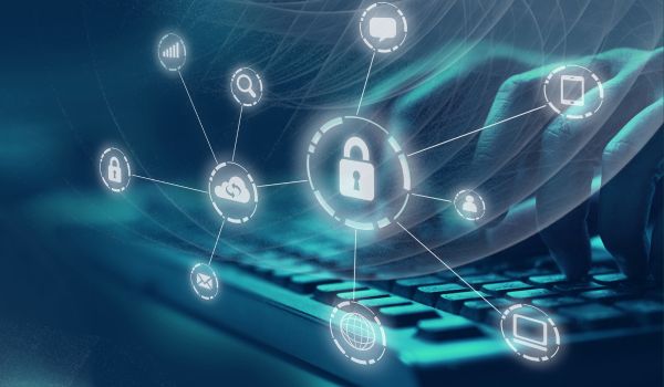 Person typing on keyboard with graphic overlay