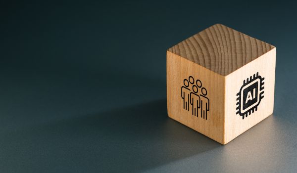 Wooden block with AI & people symbol