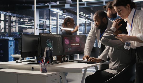 Scared data center technicians reacting to virus warning on PC display, scrambling to launch emergency response protocol.