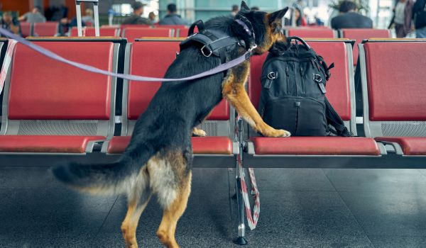 K-9 unit sniffing suspicious backpack 