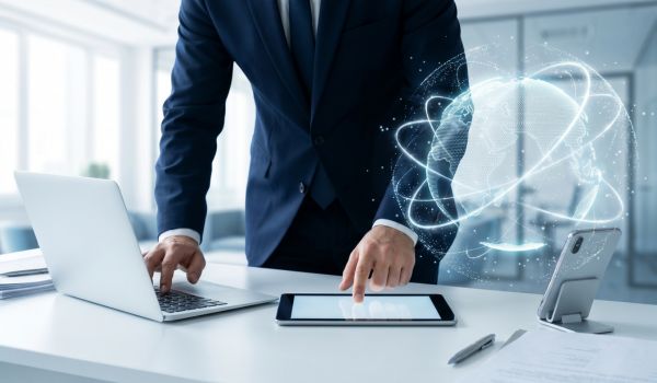 Business executive using laptop and tablet