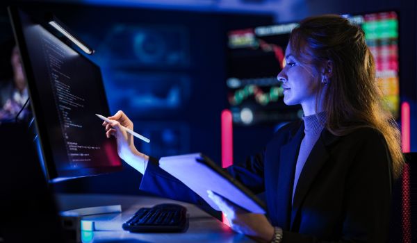 Cybersecurity professional working on computer