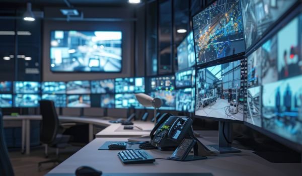 Modern security operations center with multiple monitors