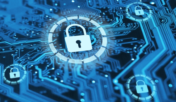 Cyber security and protection of private information and data concept. Locks on blue integrated circuit. Firewall from hacker attack.