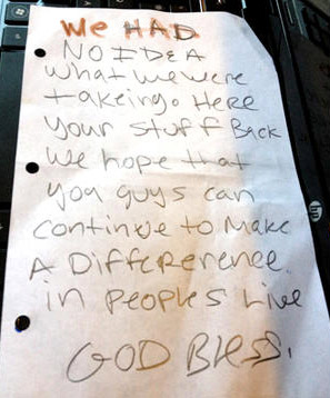 Thieves Return Stolen Items with Handwritten Apology Note