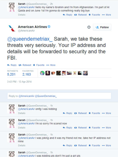 Terrorist Threat on American Airlines Twitter Account
