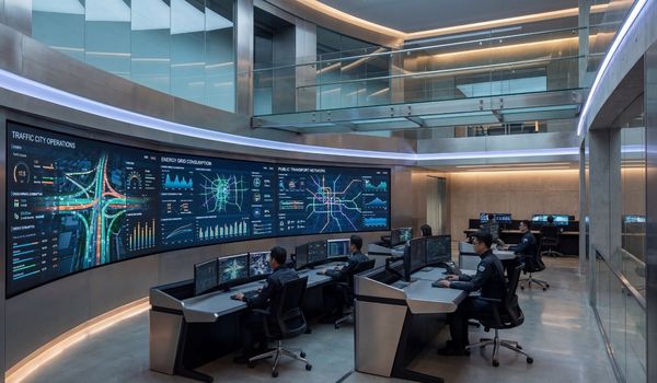 Modern control room with multiple large screens displaying data and a team of operators working at their desks