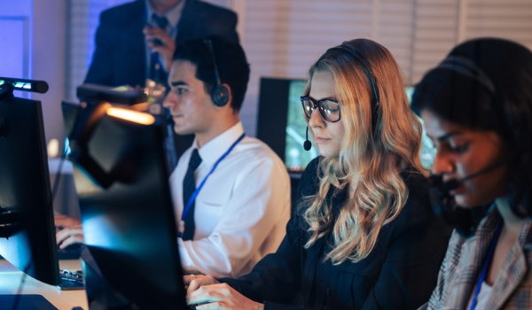 Emergency dispatchers wearing headsets and working on computers in a dimly lit control room.