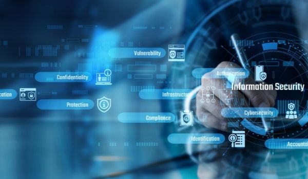 Hand holding a stylus over a digital information security interface displaying cybersecurity, authorization, compliance and data protection concepts